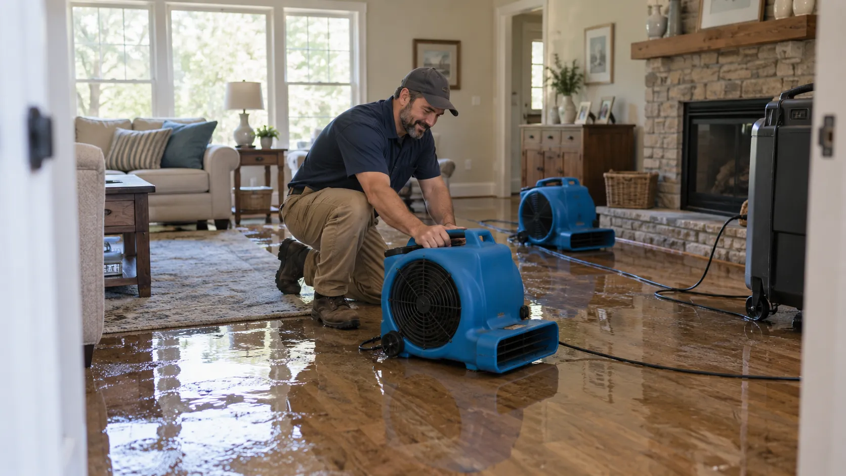Water damage restoration technician drying a flooded living room in San Antonio